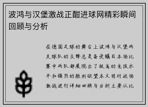 波鸿与汉堡激战正酣进球网精彩瞬间回顾与分析